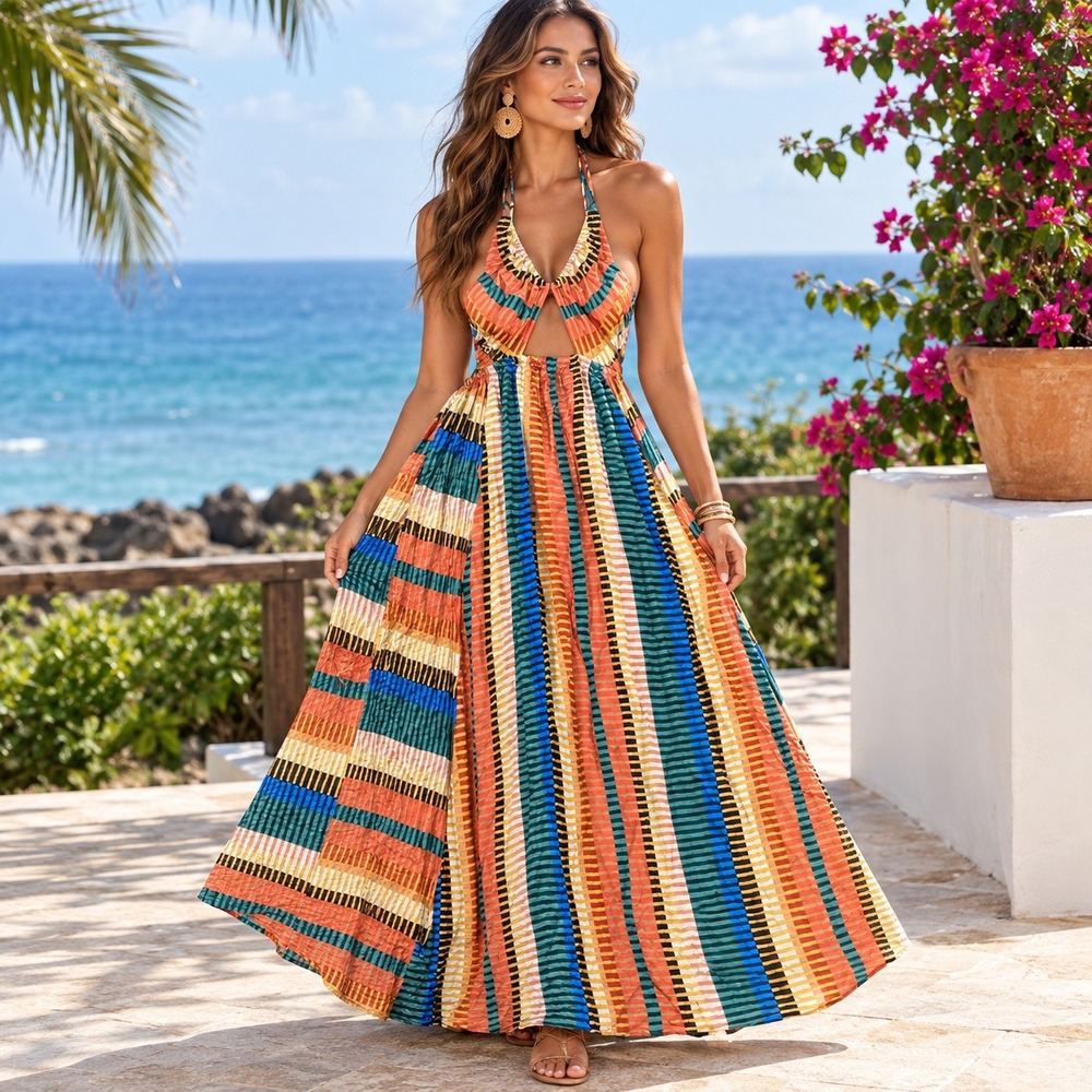 ONeill Gerri Stripe Halter Maxi Dress XS Multi Color Y2K Cutout SU3416050